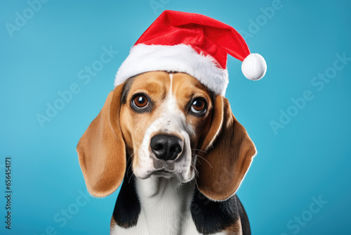 Pawsitively Merry Greeting from a Beagle dog, wearing Santa Claus hat in front of a blue gradient background. Celebrating Christmas concept. Greeting card for Christmas © fogaas