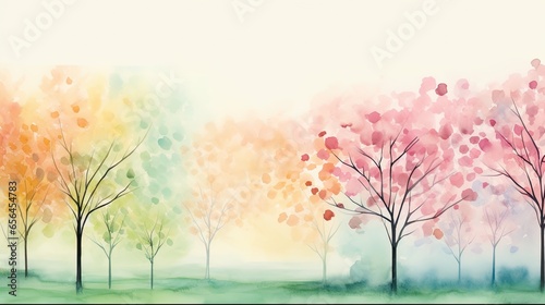 Spring romance unfolding in the park  watercolored leaves and trees welcoming the season of cherry blossoms. Copy space for creating beautiful cards  banners  and engaging social media.