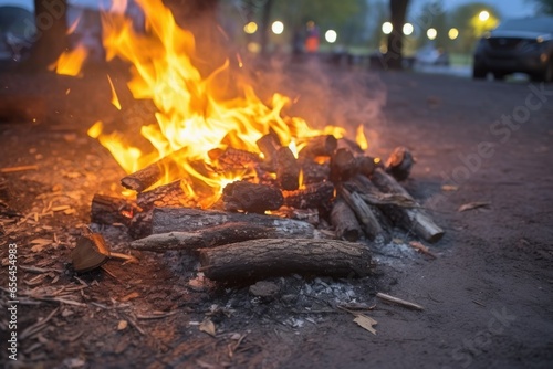 clusters of burning embers in dark ash at campfire site