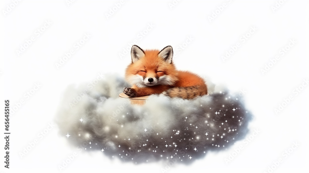 Fototapeta premium fox cub sleeps on a cloud watercolor on a white background illustration of the little.