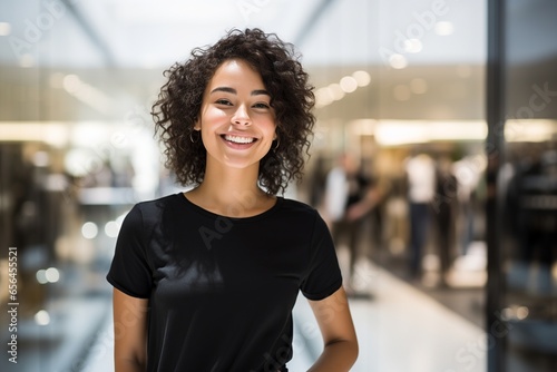 A radiant woman beams with joy, the thrill of her shopping escapade mirrored in her eyes. Dressed in a trendy black shirt and jeans, she becomes an effortless focal point, embodying modern fashion. photo