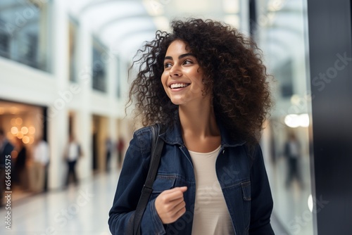 A radiant woman beams with joy, the thrill of her shopping escapade mirrored in her eyes. Dressed in a trendy black shirt and jeans, she becomes an effortless focal point, embodying modern fashion.