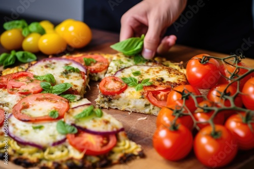 hand delicately placing sliced vegetables on cauliflower pizza