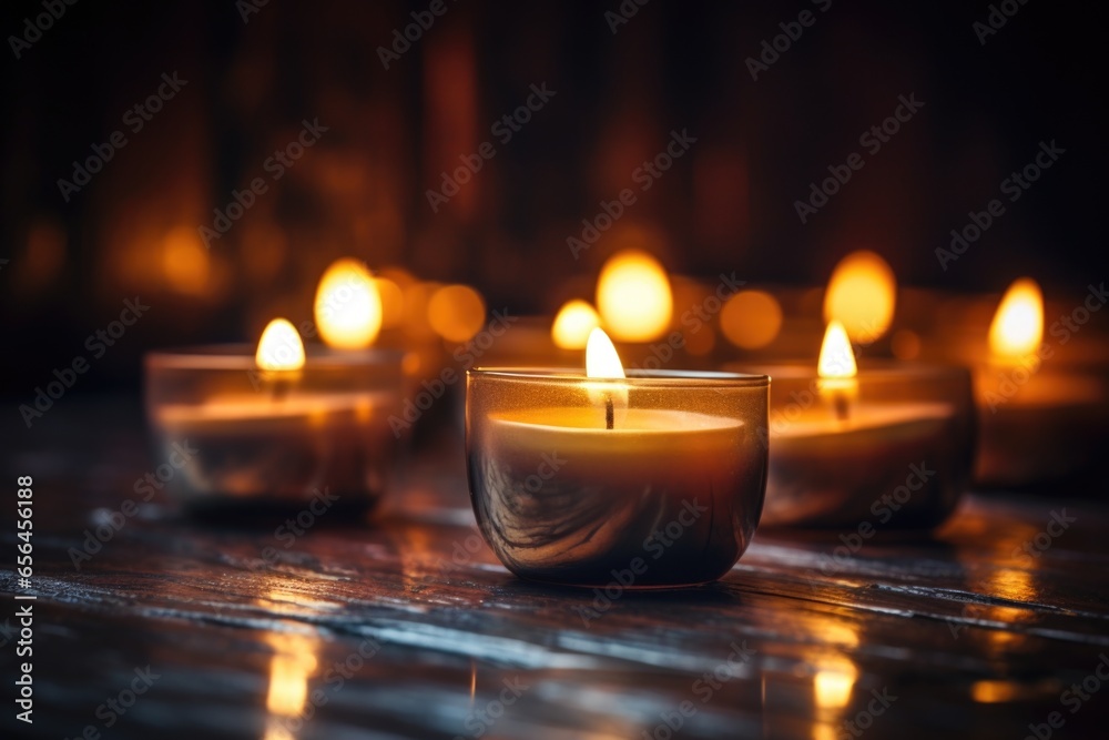 votive candles glowing softly in dark room - obrazy, fototapety, plakaty 