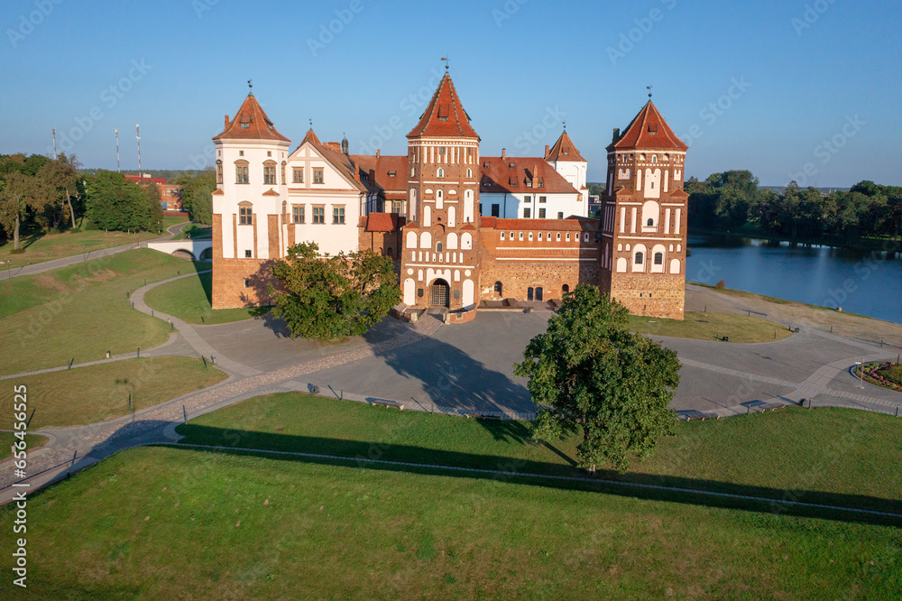 Mir. Aerial view of Mir Castle Complex in sunny day. View on main gate and towers. Mir Castle Complex, a UNESCO World Heritage site in Belarus.