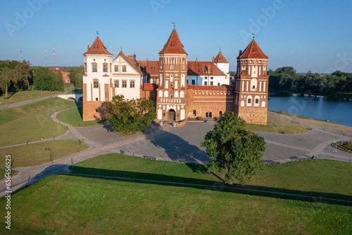 Obraz na płótnie Mir. Aerial view of Mir Castle Complex in sunny day. View on main gate and towers. Mir Castle Complex, a UNESCO World Heritage site in Belarus. w salonie