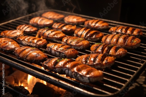 eels on a grill with smoke surrounding them