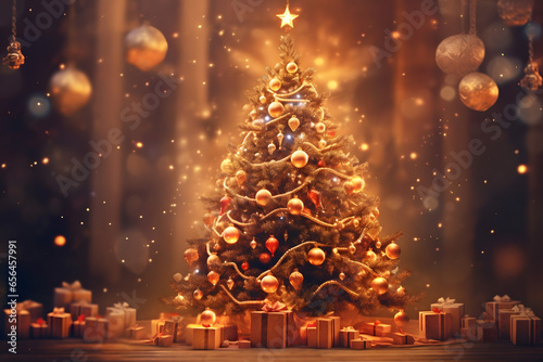 christmas tree decorations, santa claus with gifts, snowman in the snow, christmas gift boxes	