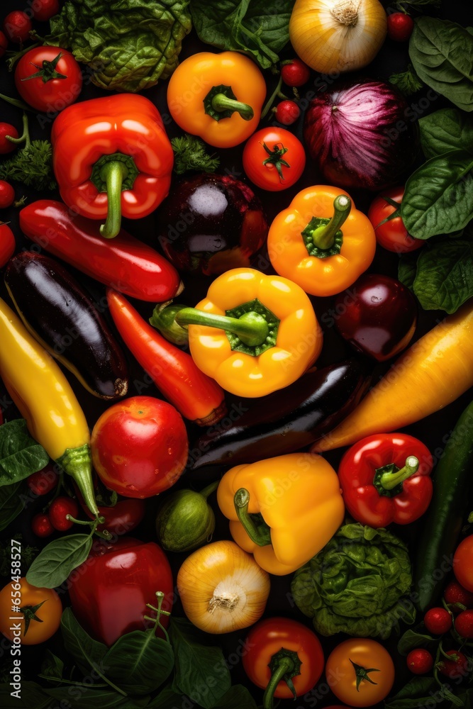 Close up overhead view of  colourful fruit and leaf vegetables.