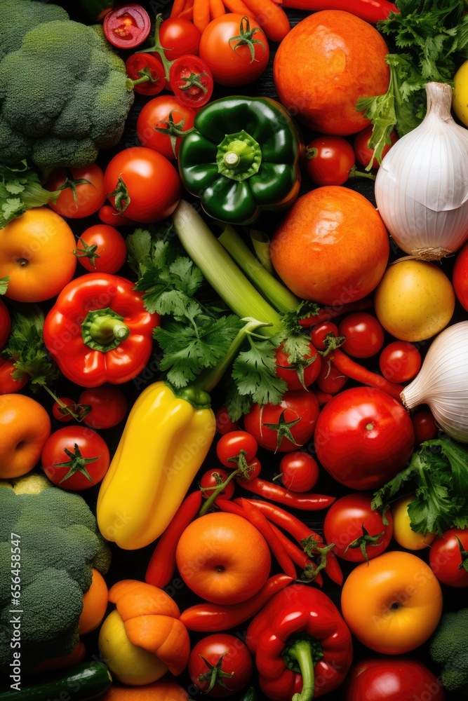 Close up overhead view of various colourful fresh vegetables.