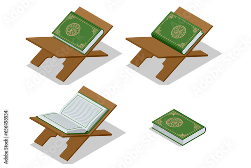 Isometric Islamic Book Koran. Kuran or Quran , the holy book of all Muslim Worship, making traditional prayer to God.