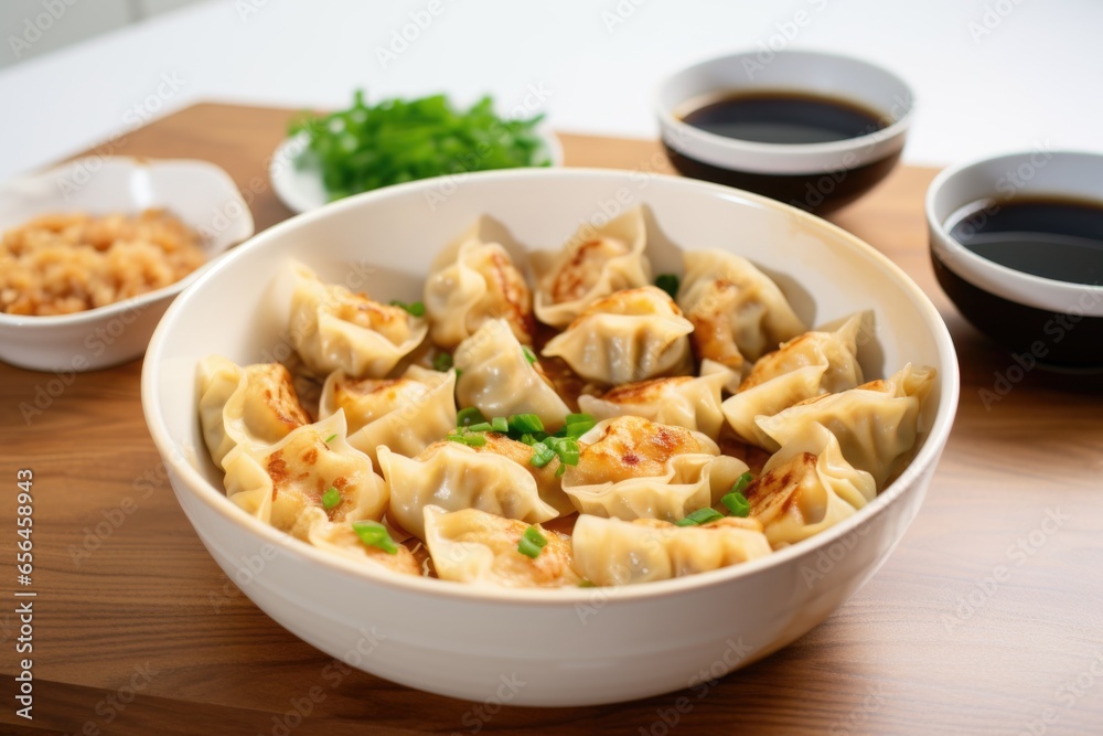 potstickers arranged in a semi-circle in a white ceramic bowl