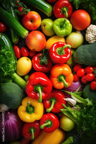 Close up overhead view of various colourful fresh fruits and vegetables.