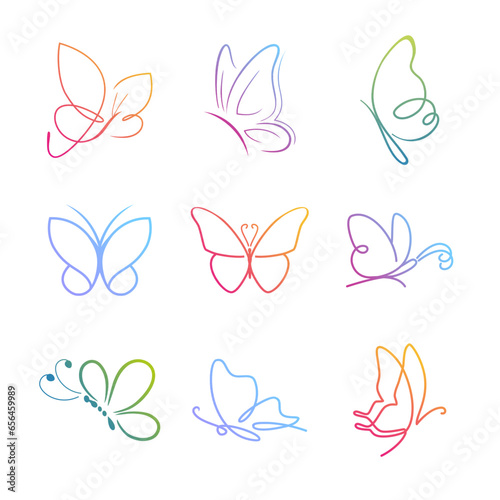 Collection of colorful Butterfly continuous line drawing elements. icon logo vector set