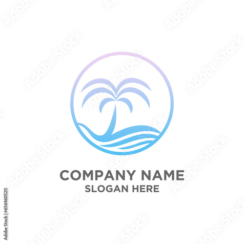 Illustration of a beautiful ocean with palm trees logo design