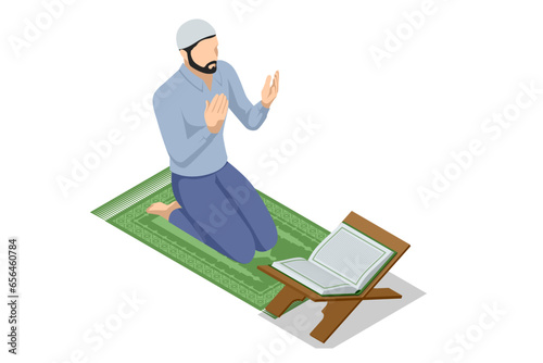 Isometric Religious muslim man praying inside the mosque. Kuran or Quran , the holy book of all Muslim Worship, making traditional prayer to God.