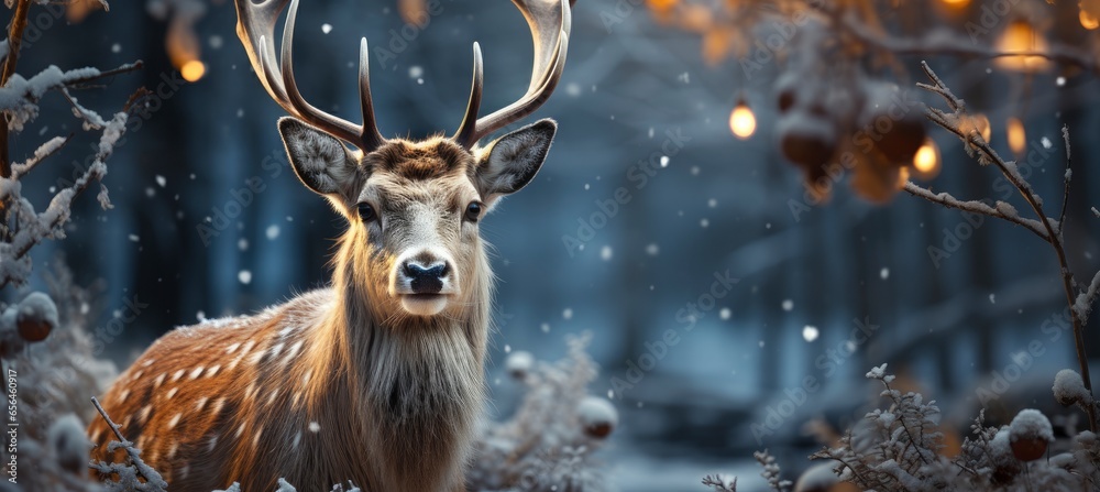Festive snowy scene featuring snow-covered hills, a mountainous village, deer, woodland, pine trees, and reindeer. Seasonal natural backdrop with fox, elevations, and dwellings. Festive snowy scene featuring snow-covered hills, a mountainous village, deer, woodland, pine trees, and reindeer. Seasonal natural backdrop with fox, elevations, and dwellings.