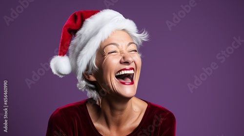 A delightful image of a gleeful woman donning a Santa hat, exuberantly highlighting a Christmas promotion. Her playful gesture of touching her tooth, paired with her cozy winter attire © Kristian