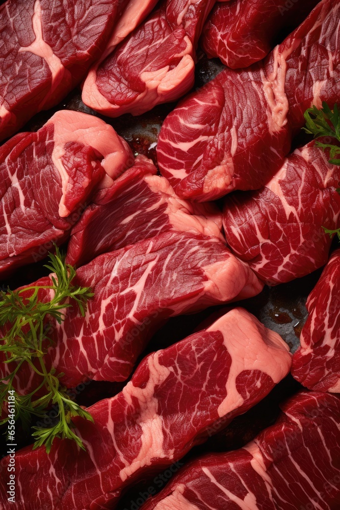 Close-up overhead view of raw Ohmi gyu beef.