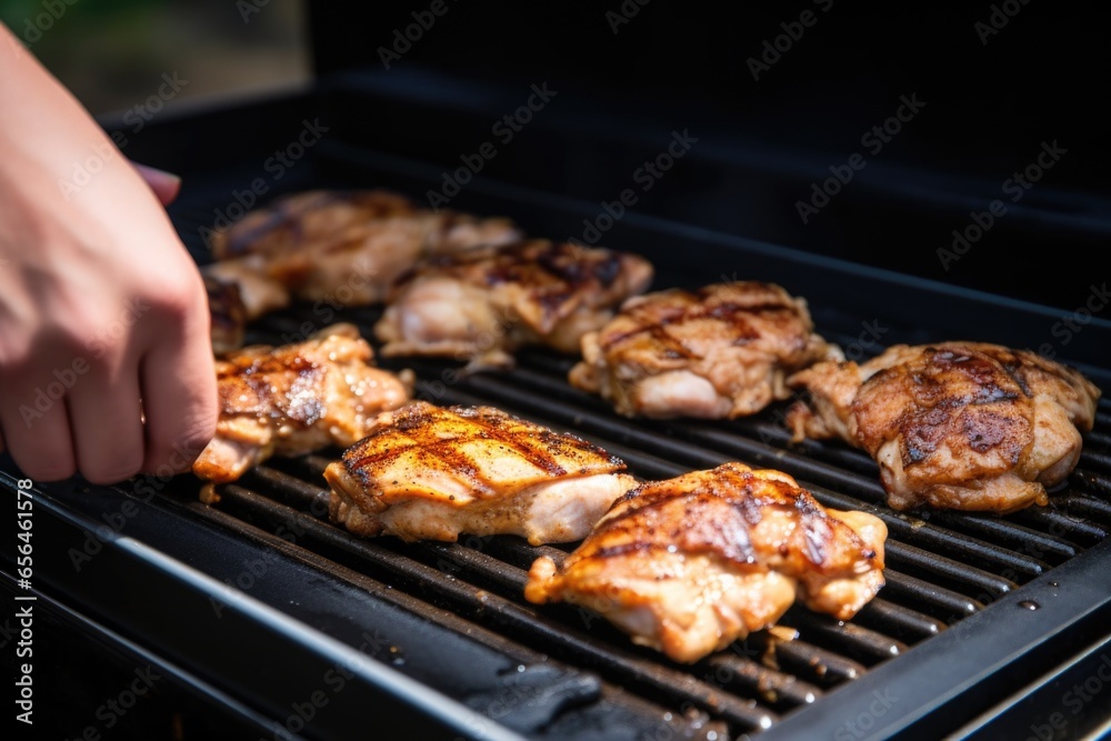 cooking chicken thighs on a griddle with a hand flipping them