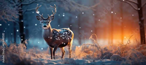 Festive snowy scene featuring snow-covered hills, a mountainous village, deer, woodland, pine trees, and reindeer. Seasonal natural backdrop with fox, elevations, and dwellings. © Juan