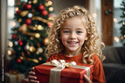 Happy joyful child a girl with curly hair wearing a red sweater holds a gift box and looks at the camera and smiles. New Year, Christmas, holiday, family and children concept. © liliyabatyrova