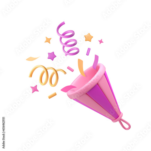 3D party popper with confetti in pink and yellow colors. Plastic stars, squiggles render, paper ribbon splash. Birthday, new year greeting, congrats event element. Vector illustration