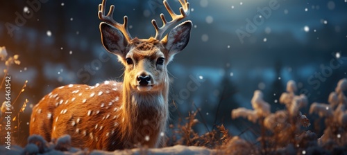 Festive snowy scene featuring snow-covered hills, a mountainous village, deer, woodland, pine trees, and reindeer. Seasonal natural backdrop with fox, elevations, and dwellings.