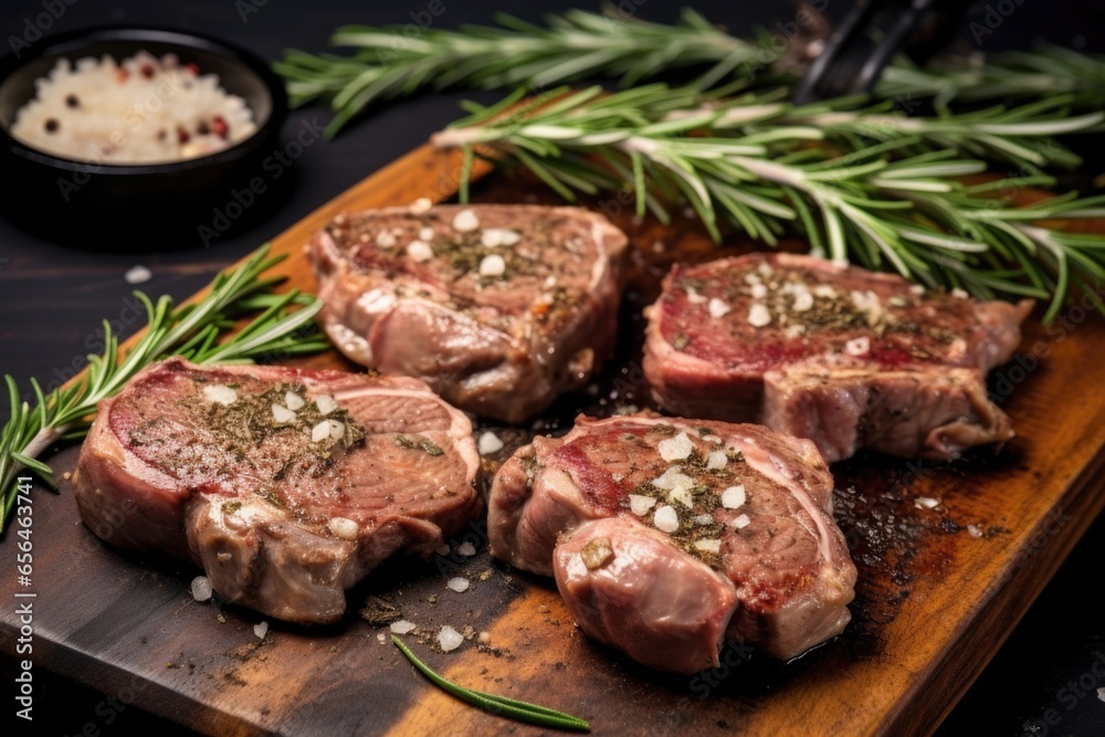 lamb chops coated with minced garlic and chopped rosemary
