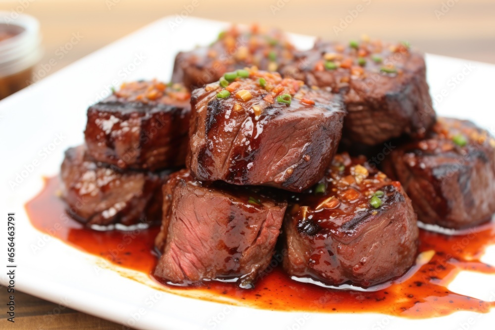 view of a spicy garlic-infused bbq sauce on steak tips view of a spicy garlic-infused bbq sauce on steak tips
