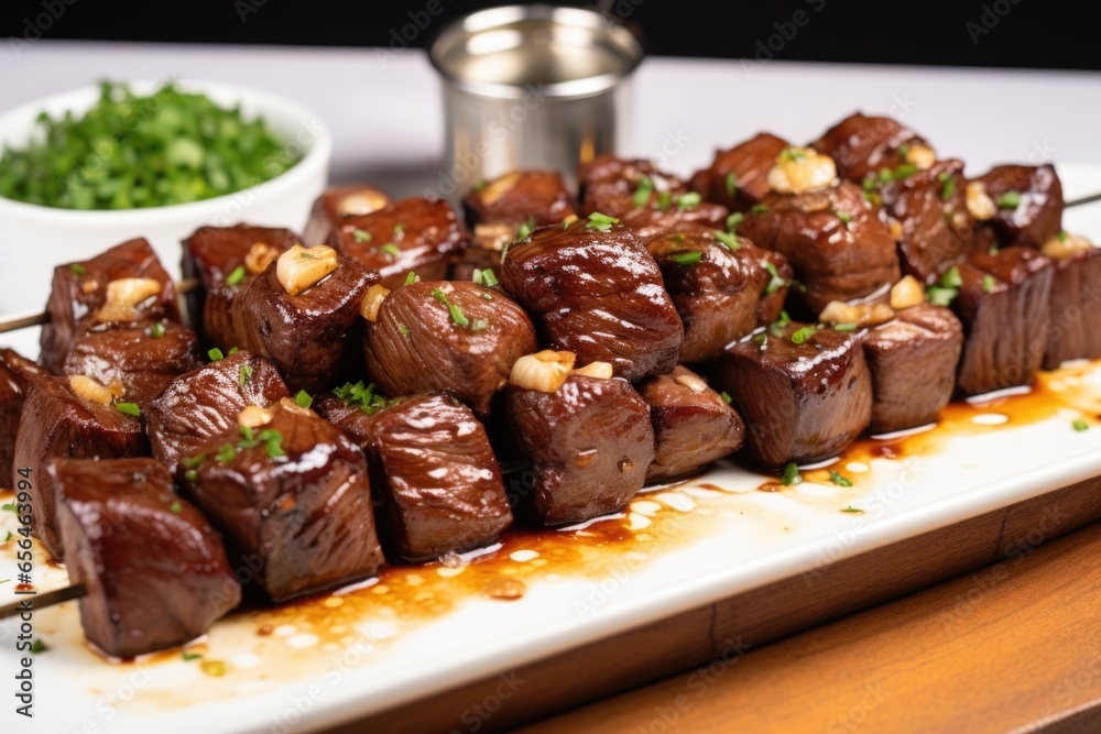 grilled beef tips with whole garlic bulbs on top