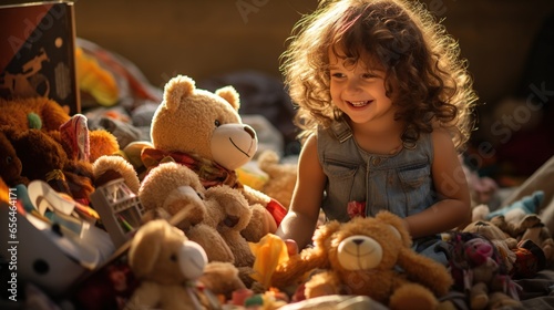 candid moment of playful child with hampers, laughter-filled scene, colorful toys, innocent joy photo