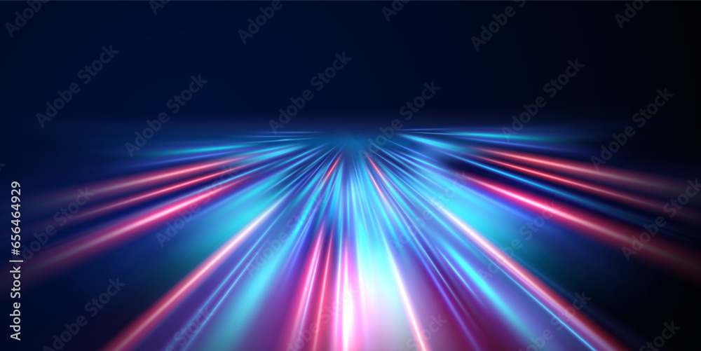Abstract background of luminous lines. Neon lines. Laser rays. Abstract blue light lines on dark background. Futuristic technology style. Vector illustration road.