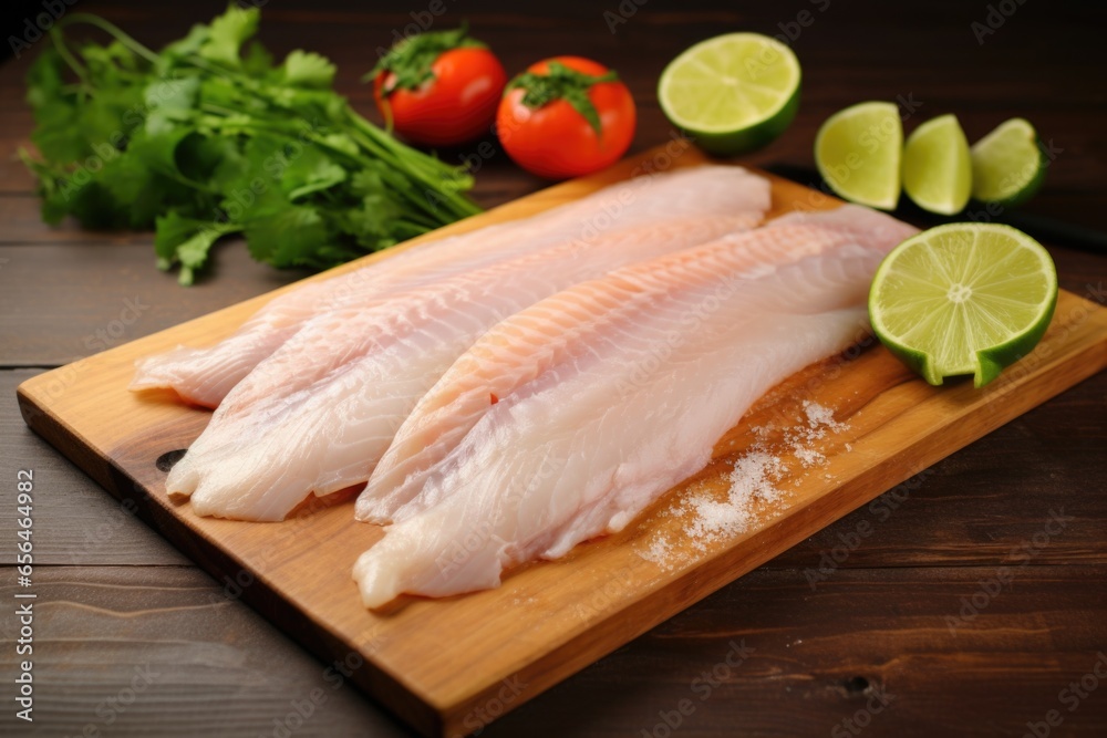 fish fillets splayed out on a wooden board with lime halves nearby fish fillets splayed out on a wooden board with lime halves nearby