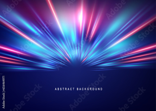 Abstract background of luminous lines. Neon lines. Laser rays. Abstract blue light lines on dark background. Futuristic technology style. Vector illustration road.