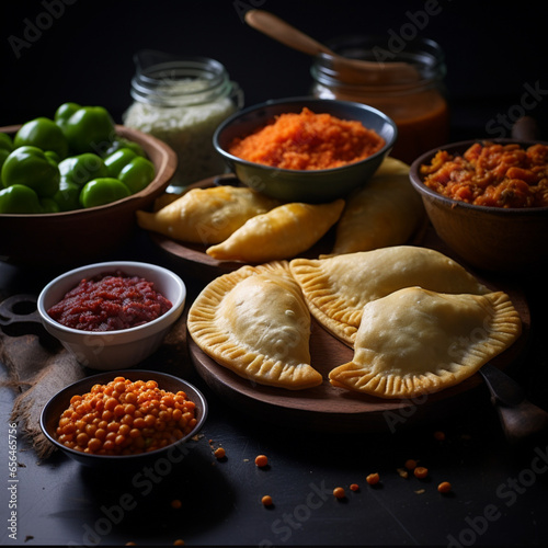 colombian empanada's, white marble kitchen island background, cloves garlic, onion, groud cumin and paprika, bowl of peas, carrot, bowl cornmeal photo