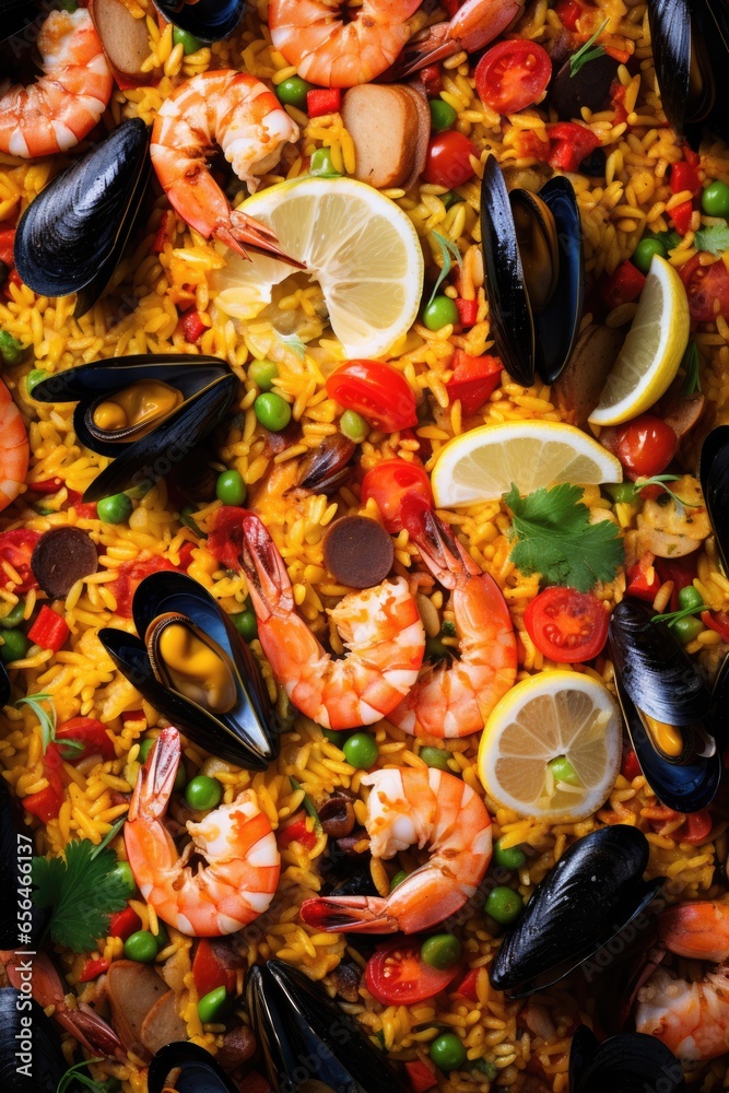Close up overhead view of seafood Paella.