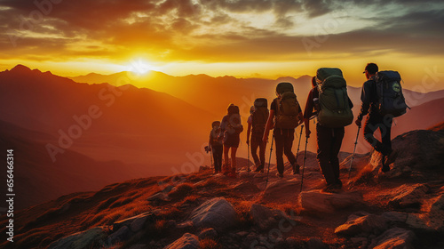 silhouette of hikers in the mountains at sunset