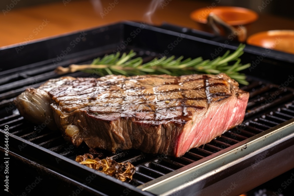 opening grill lid to reveal perfectly cooked porterhouse steak Stock