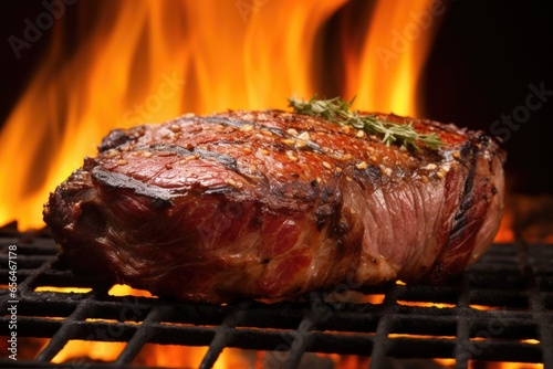 ribeye steak on a grill against a backdrop of flames