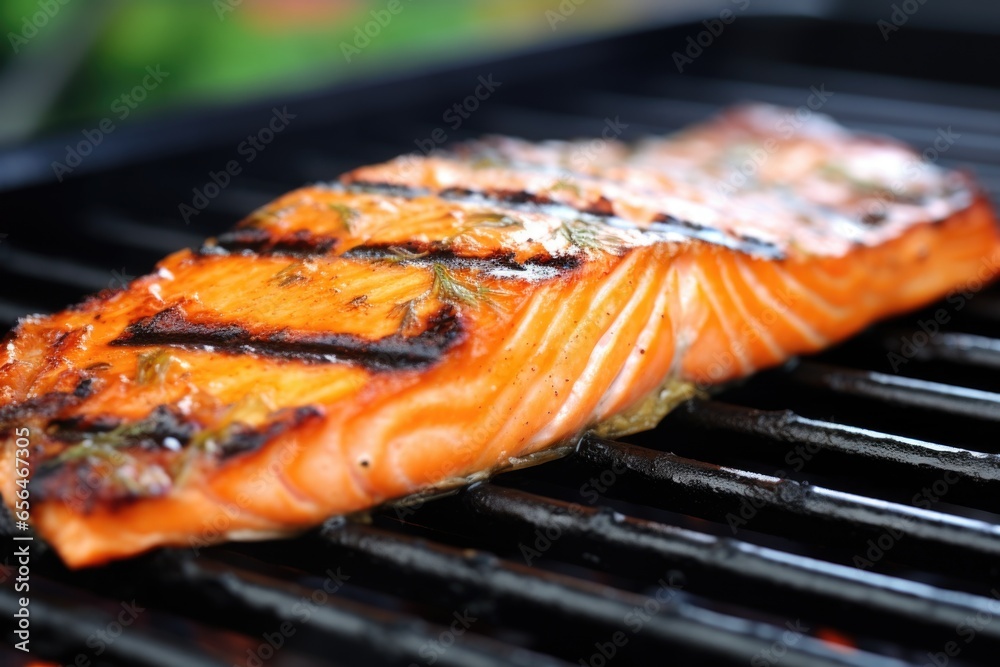 a close-up shot of a grilled salmon steak showing flaky texture a close-up shot of a grilled salmon steak showing flaky texture