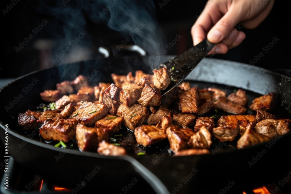 hand stirring grilled seitan steak pieces in a wok