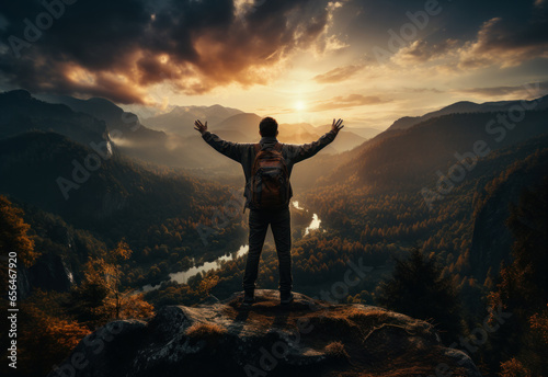 A man standing triumphantly atop a mountain, embracing the breathtaking view