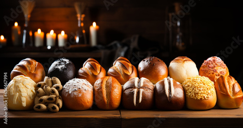A variety of freshly baked breads displayed on a rustic wooden table. A group of breads sitting on top of a wooden table