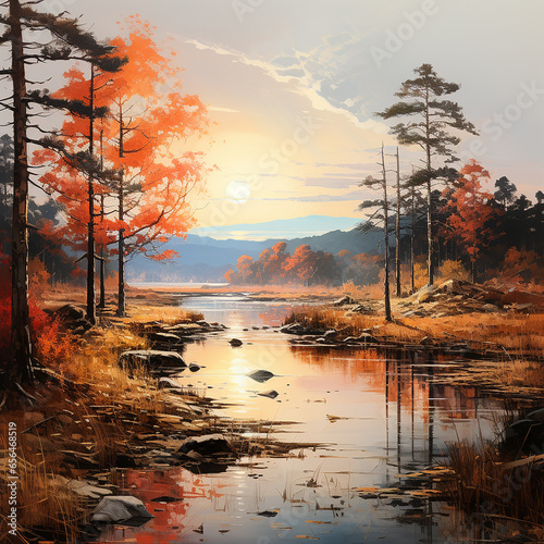Picture a placid lake surrounded by trees with colorful Autumn foliage, in a painterly style reminiscent of the Hudson River School, peaceful and refreshing
