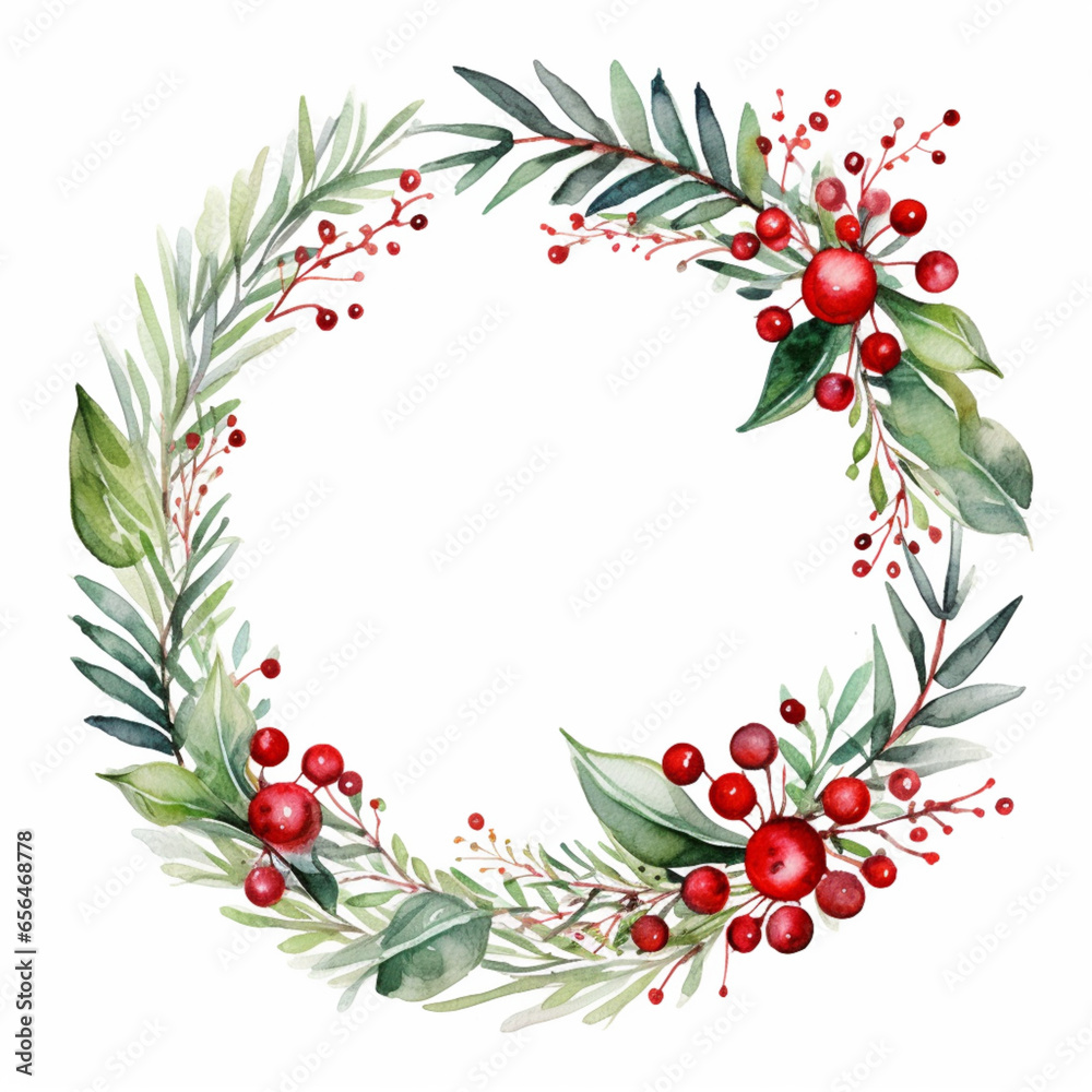  Watercolor Christmas Wreath Circle Round Banner with Fir, Mistletoe and Holy Berries and Pine Cones, Green Branches and Red Berries. Copy Space, Place for Text. Winter Autumn Wreath. Hand painted.