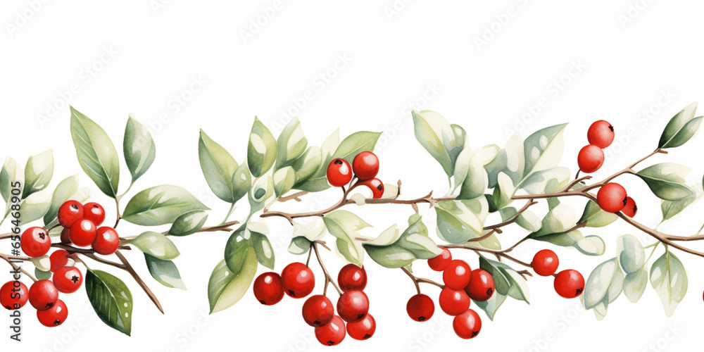 Obraz premium Watercolor Christmas Wreath Circle Round Banner with Fir, Mistletoe and Holy Berries and Pine Cones, Green Branches and Red Berries. Copy Space, Place for Text. Winter Autumn Wreath. Hand painted.