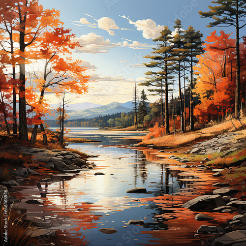 Picture a placid lake surrounded by trees with colorful Autumn foliage, in a painterly style reminiscent of the Hudson River School, peaceful and refreshing