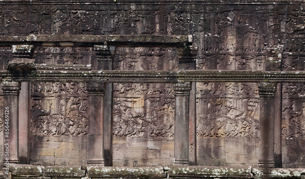 Naklejka premium Bas-relief at Bayon temple in Angkor Thom. Siem Reap. Cambodia. Panorama