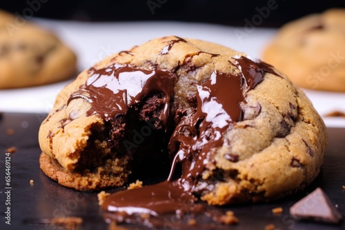 single bitten cookie revealing a gooey chocolate center photo